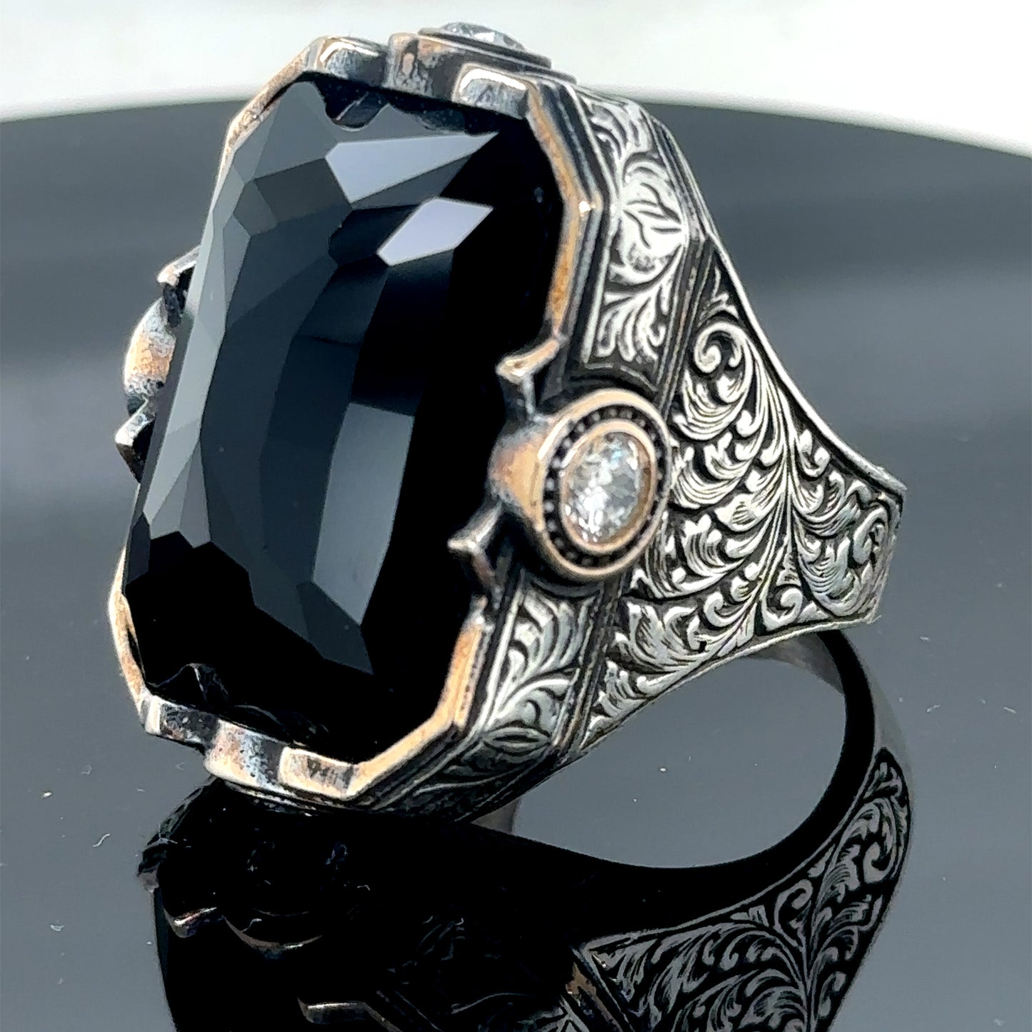 Men Silver Handmade Engraved Large Onyx Gemstone Ring