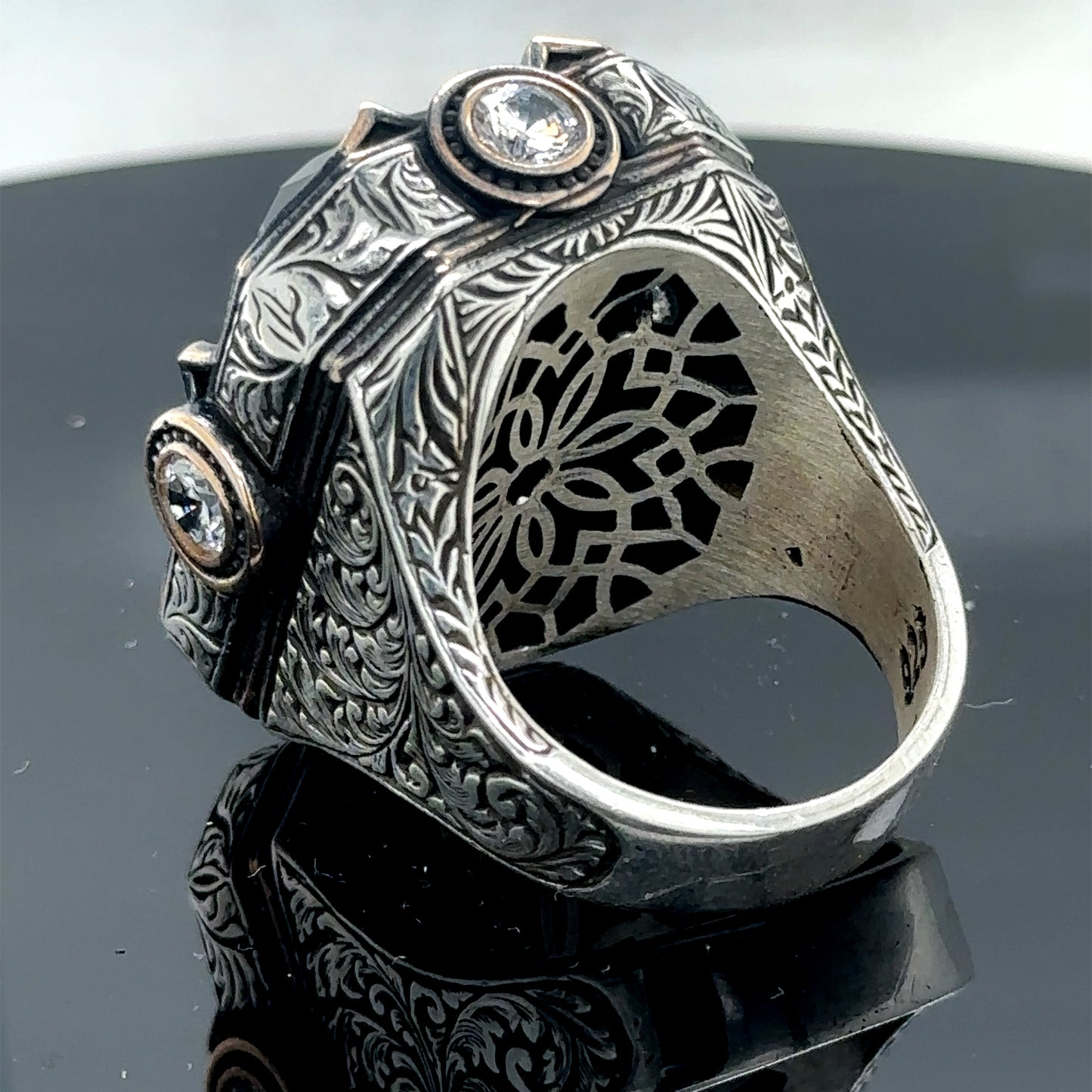 Men Silver Handmade Engraved Large Onyx Gemstone Ring