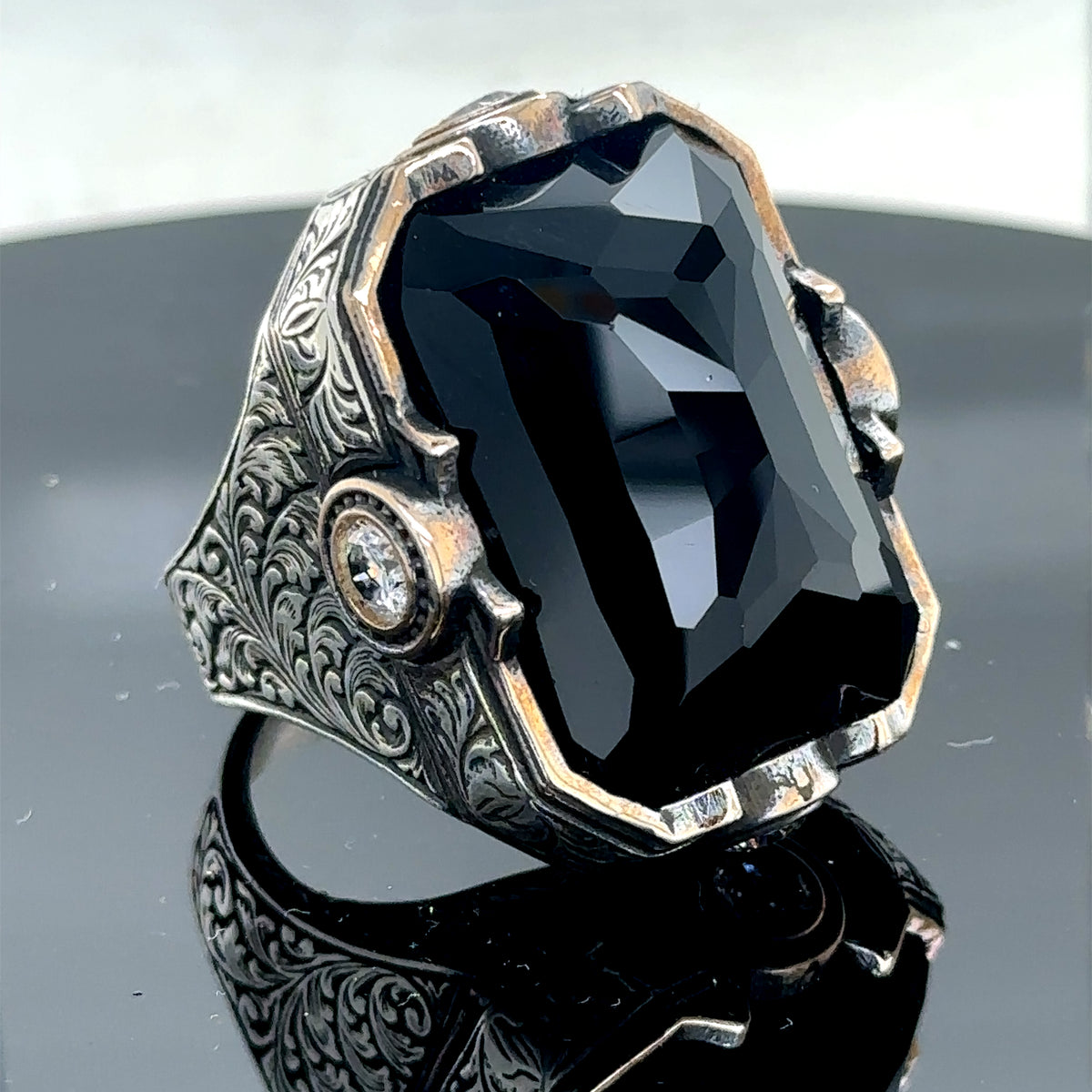 Men Silver Handmade Engraved Large Onyx Gemstone Ring