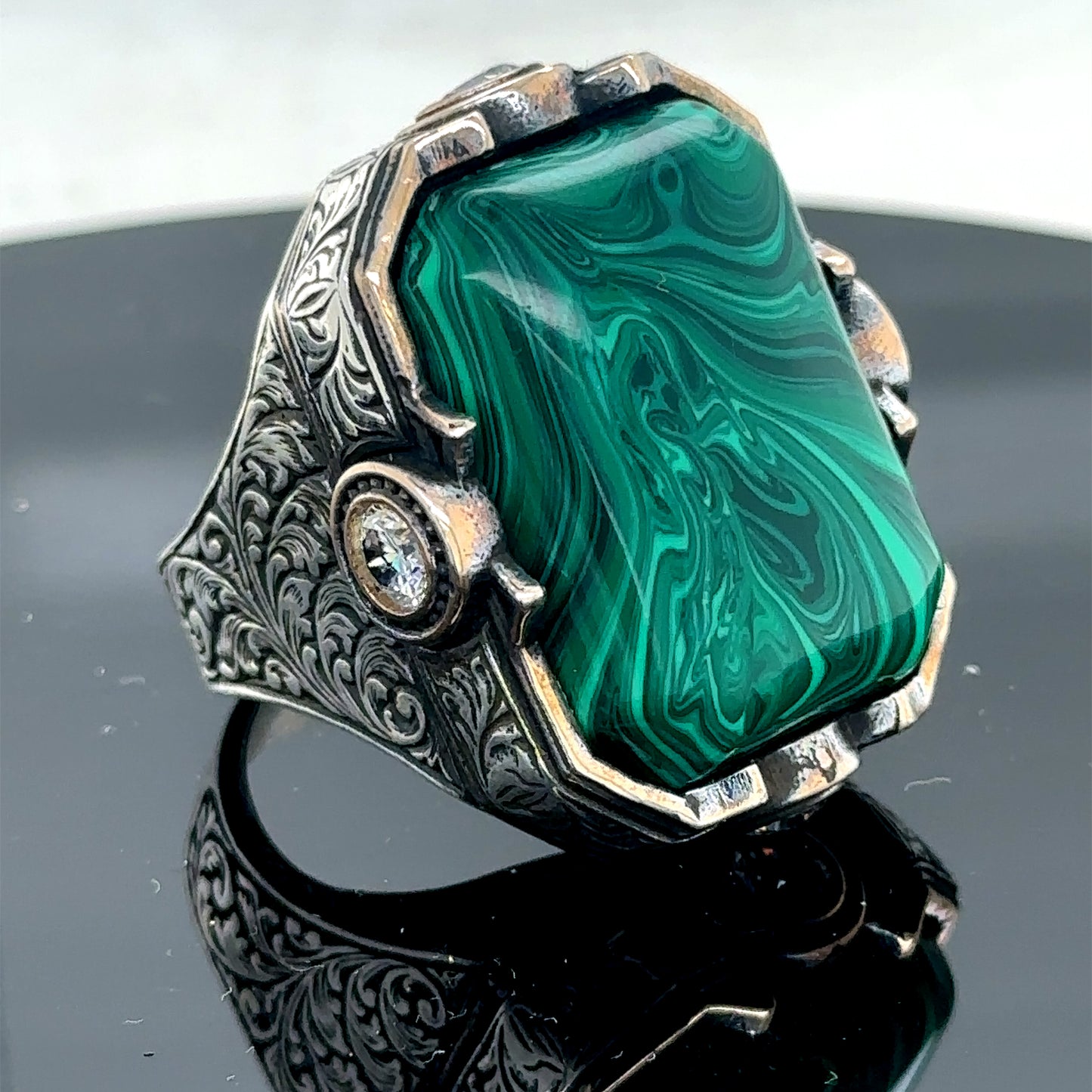 925 Men Silver Large Natural Malachite Gemstone Ring