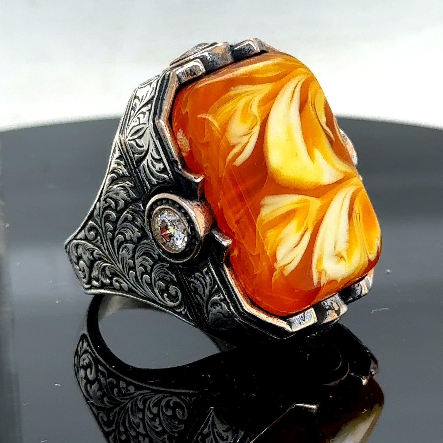 Men Silver Large Handmade Amber Gemstone Ring