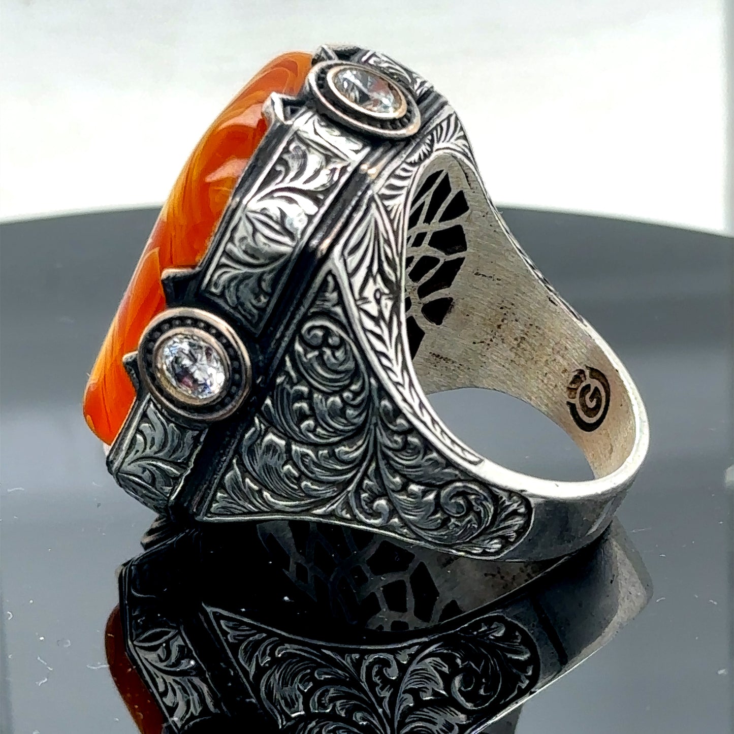 Men Silver Large Handmade Amber Gemstone Ring