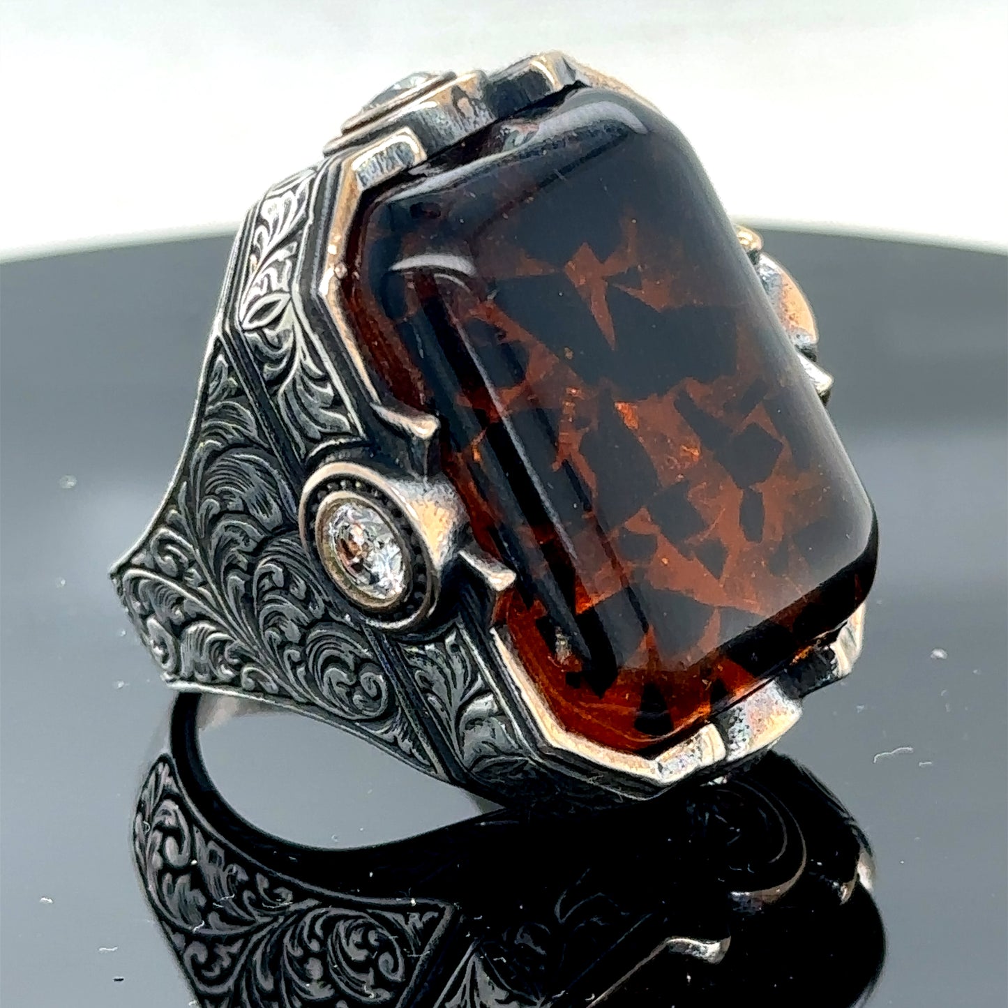 925 Men Silver Large Amber Gemstone Handmade Ring