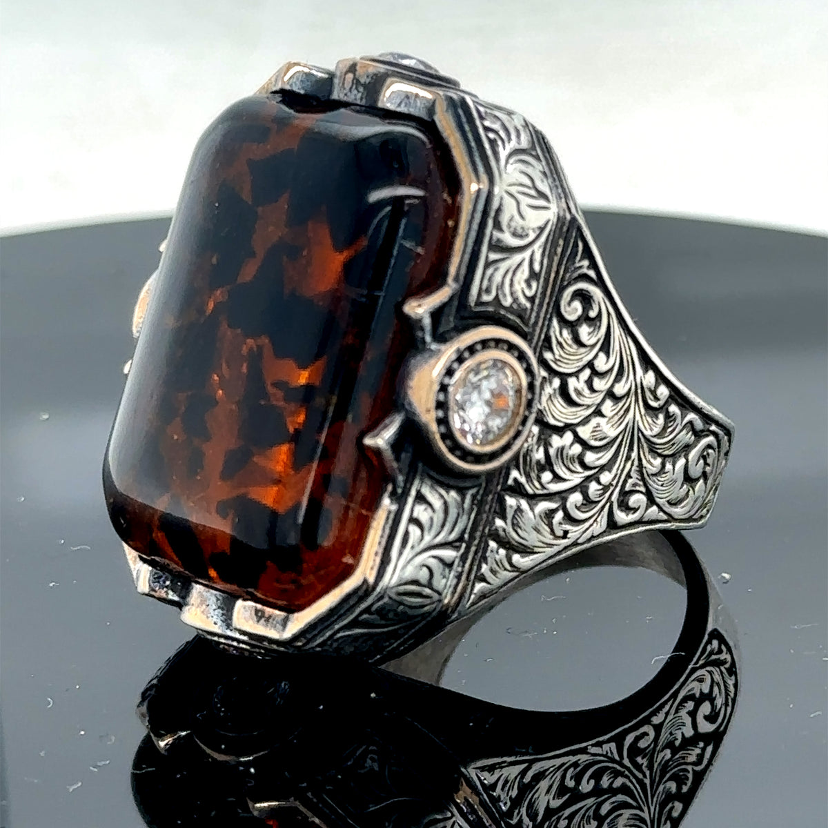 925 Men Silver Large Amber Gemstone Handmade Ring