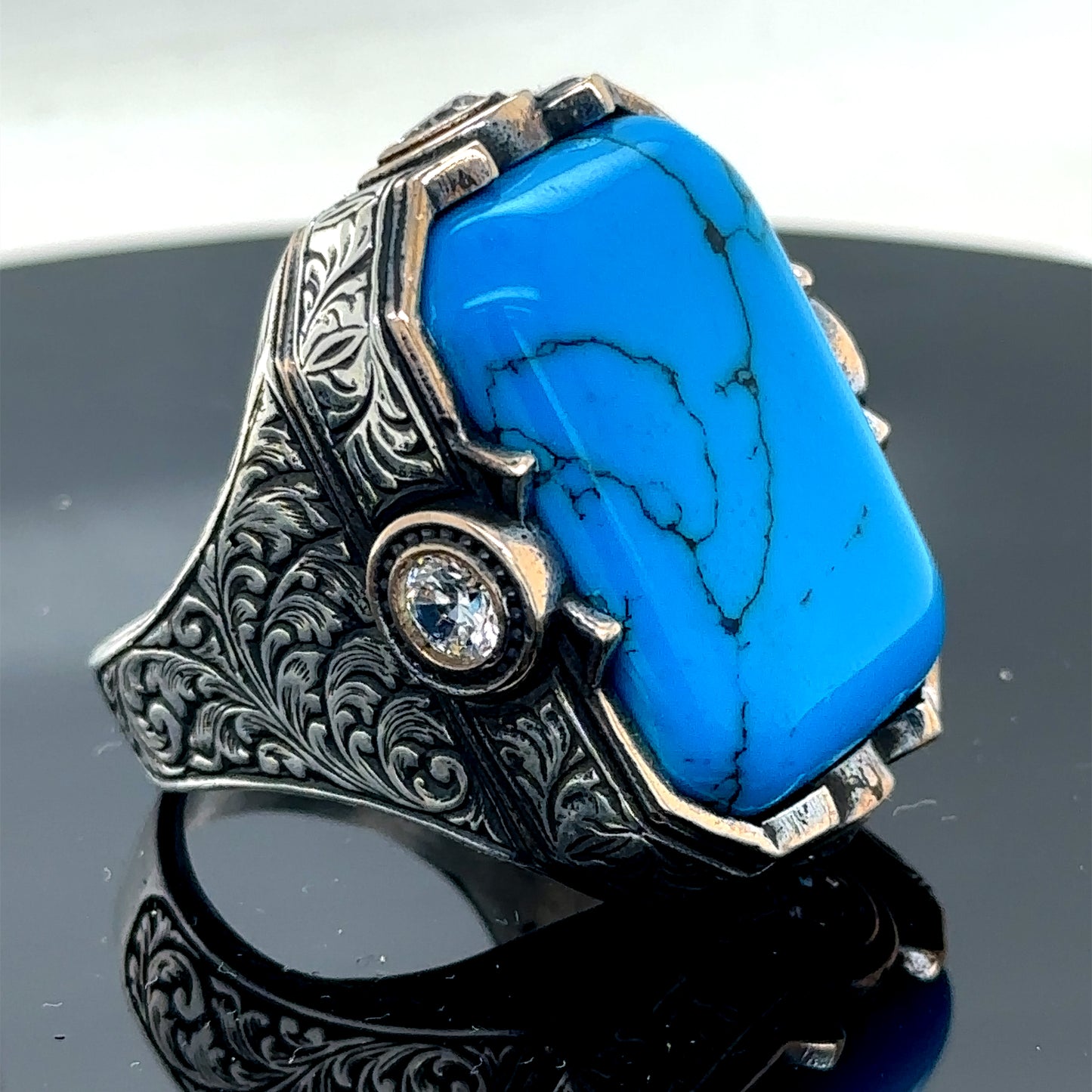 Men Handmade Large Blue Turquoise Gemstone Engraved Ring