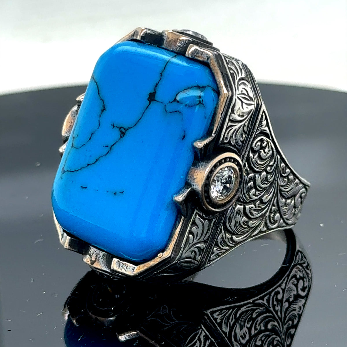 Men Handmade Large Blue Turquoise Gemstone Engraved Ring