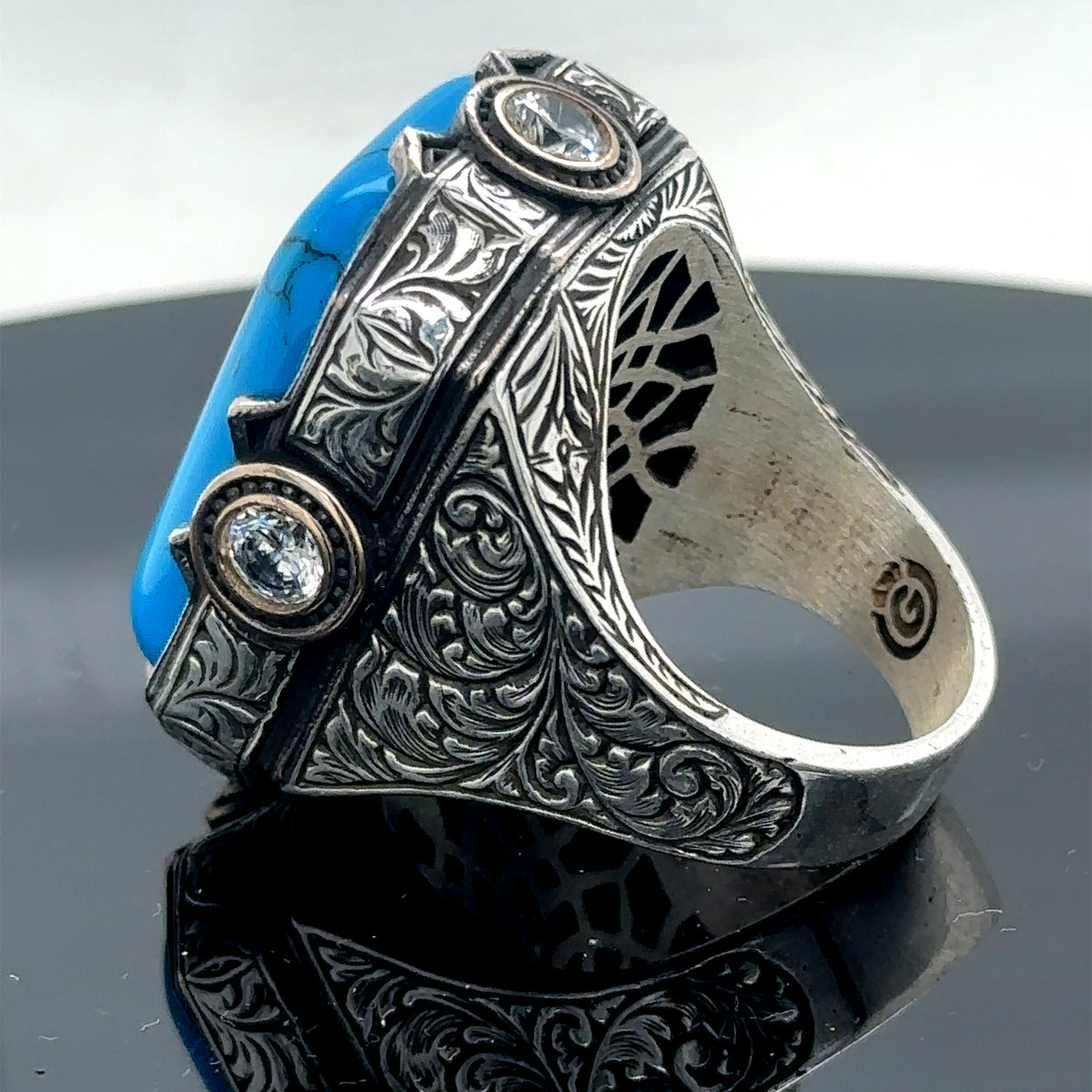 Men Handmade Large Blue Turquoise Gemstone Engraved Ring