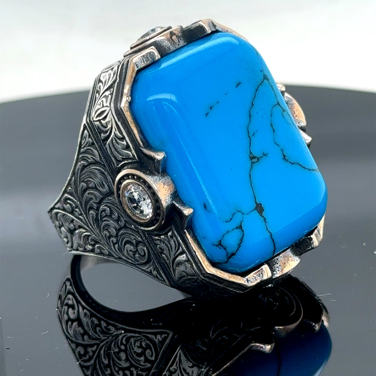 Men Handmade Large Blue Turquoise Gemstone Engraved Ring