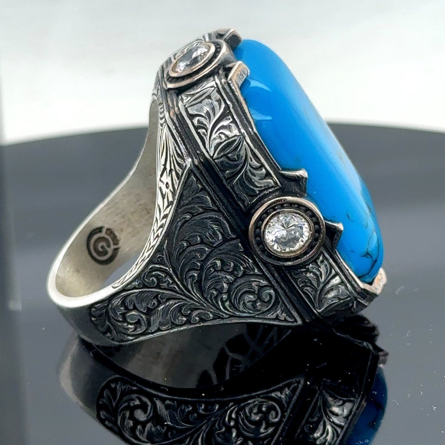 Men Handmade Large Blue Turquoise Gemstone Engraved Ring