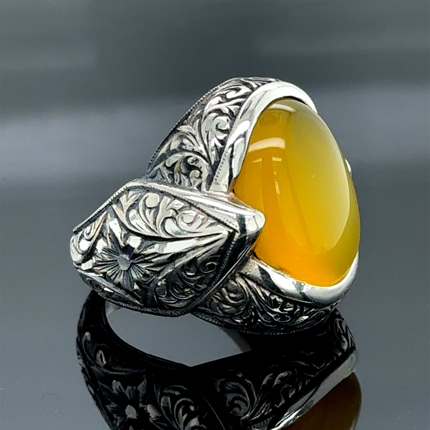 Men Silver Engraved Natural Yellow Agate Ring