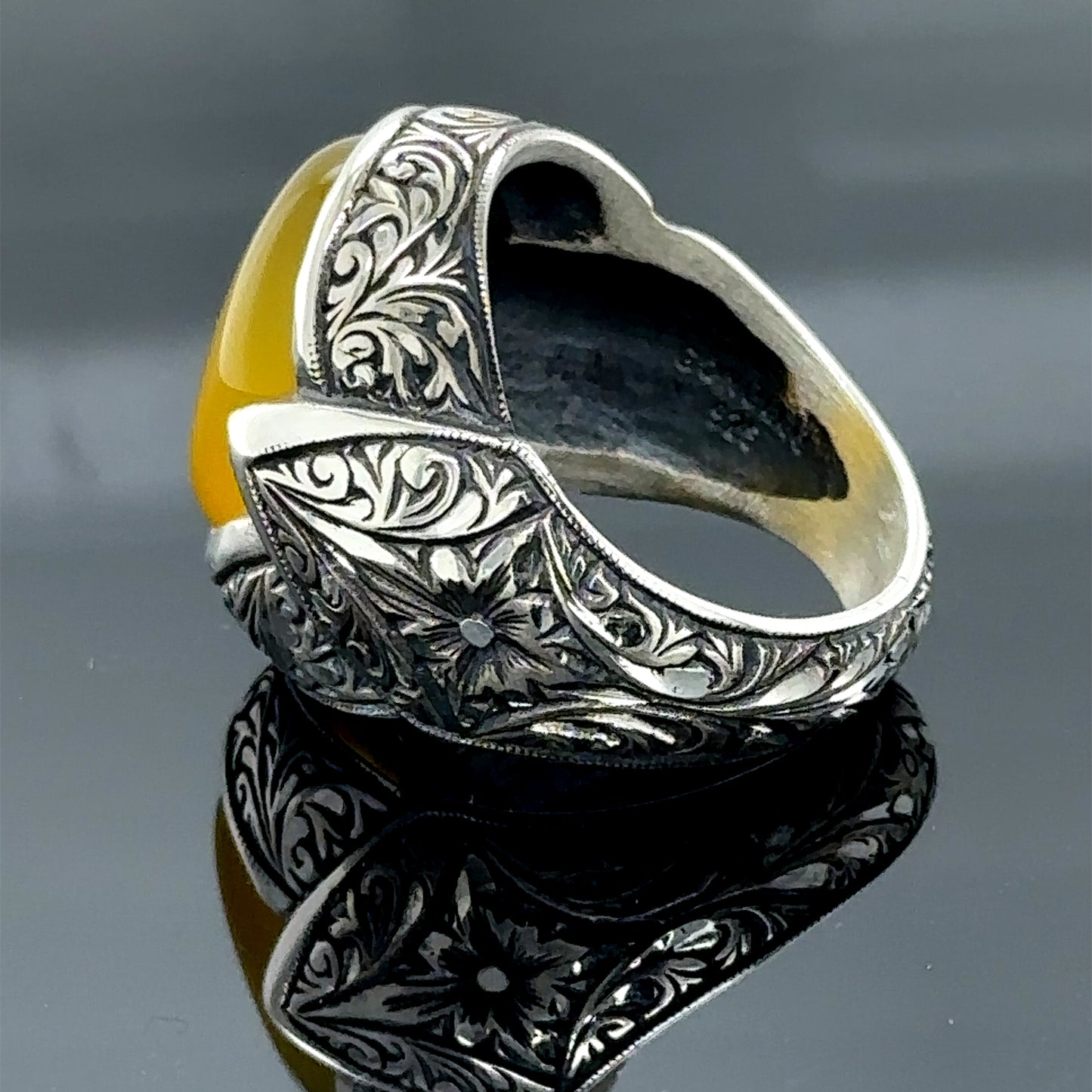 Men Silver Engraved Natural Yellow Agate Ring