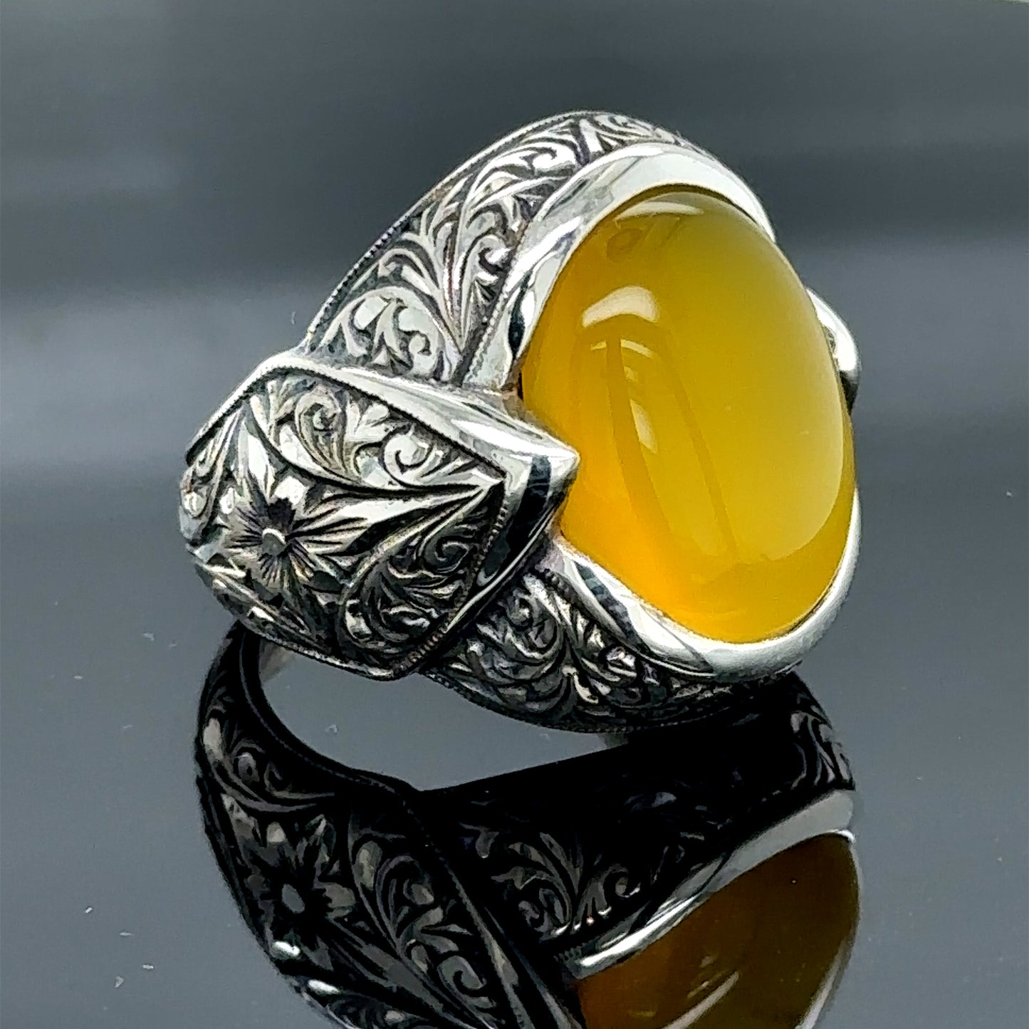 Men Silver Engraved Natural Yellow Agate Ring