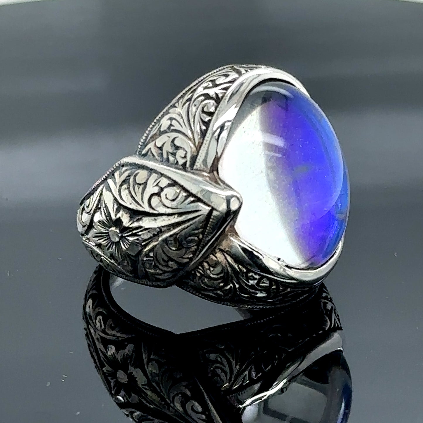 Men Silver Natural Moonstone Engraved Ring