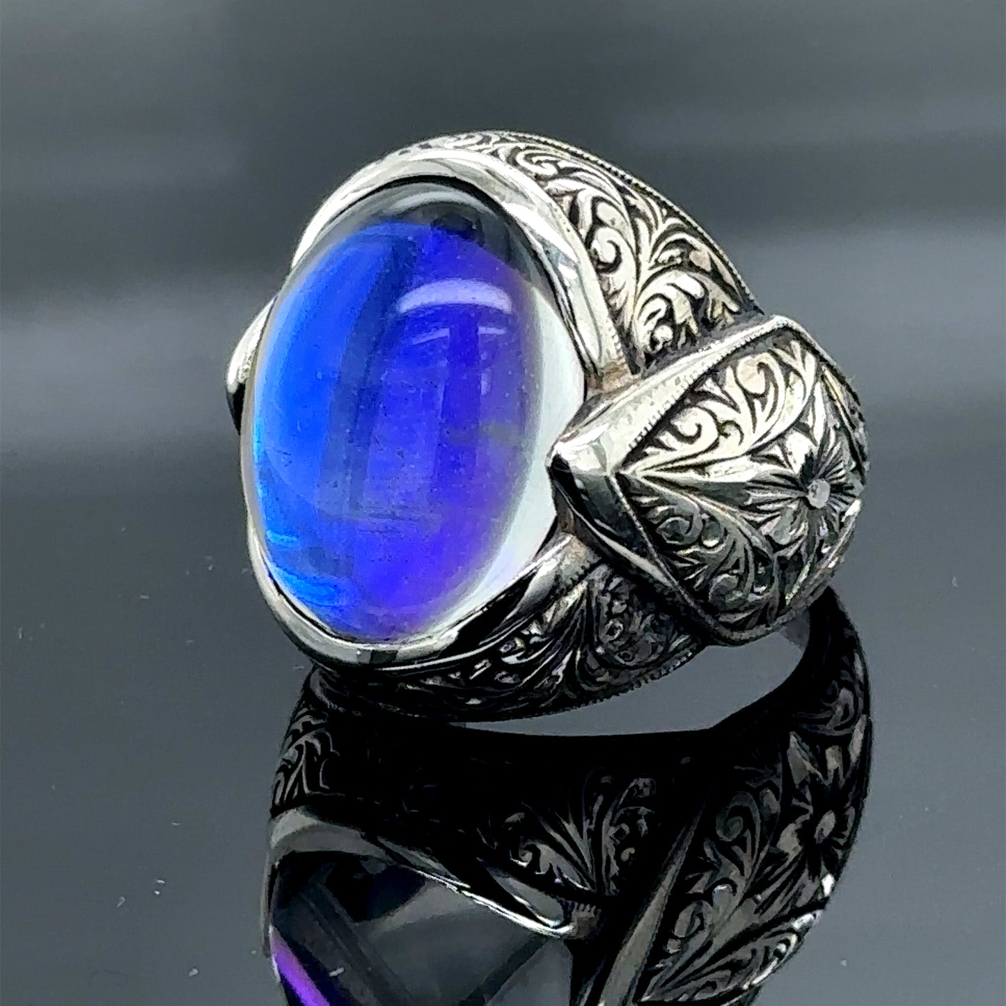 Men Silver Natural Moonstone Engraved Ring