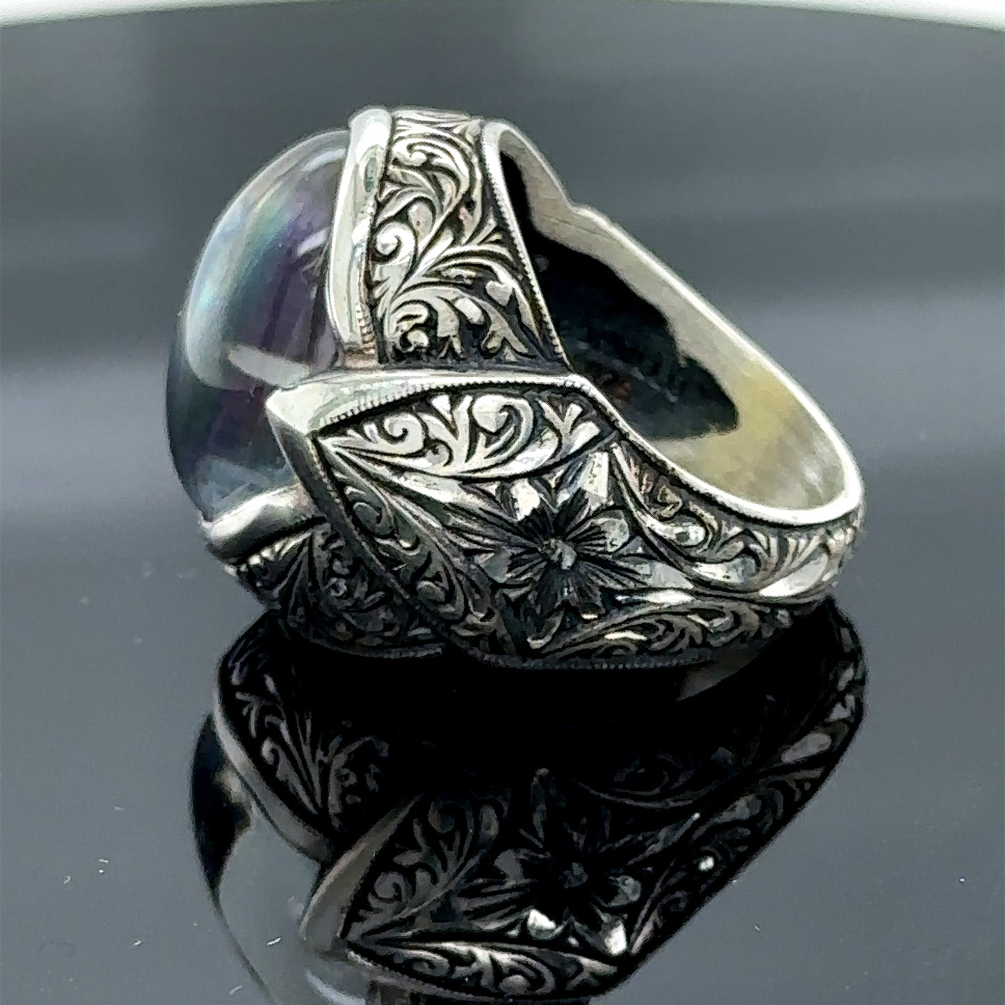 Men Silver Natural Moonstone Engraved Ring