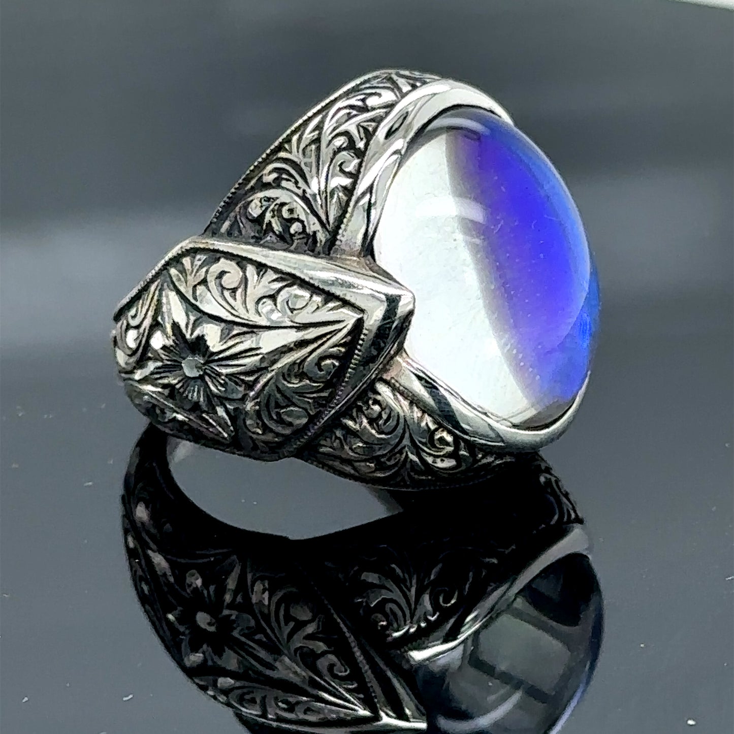 Men Silver Natural Moonstone Engraved Ring