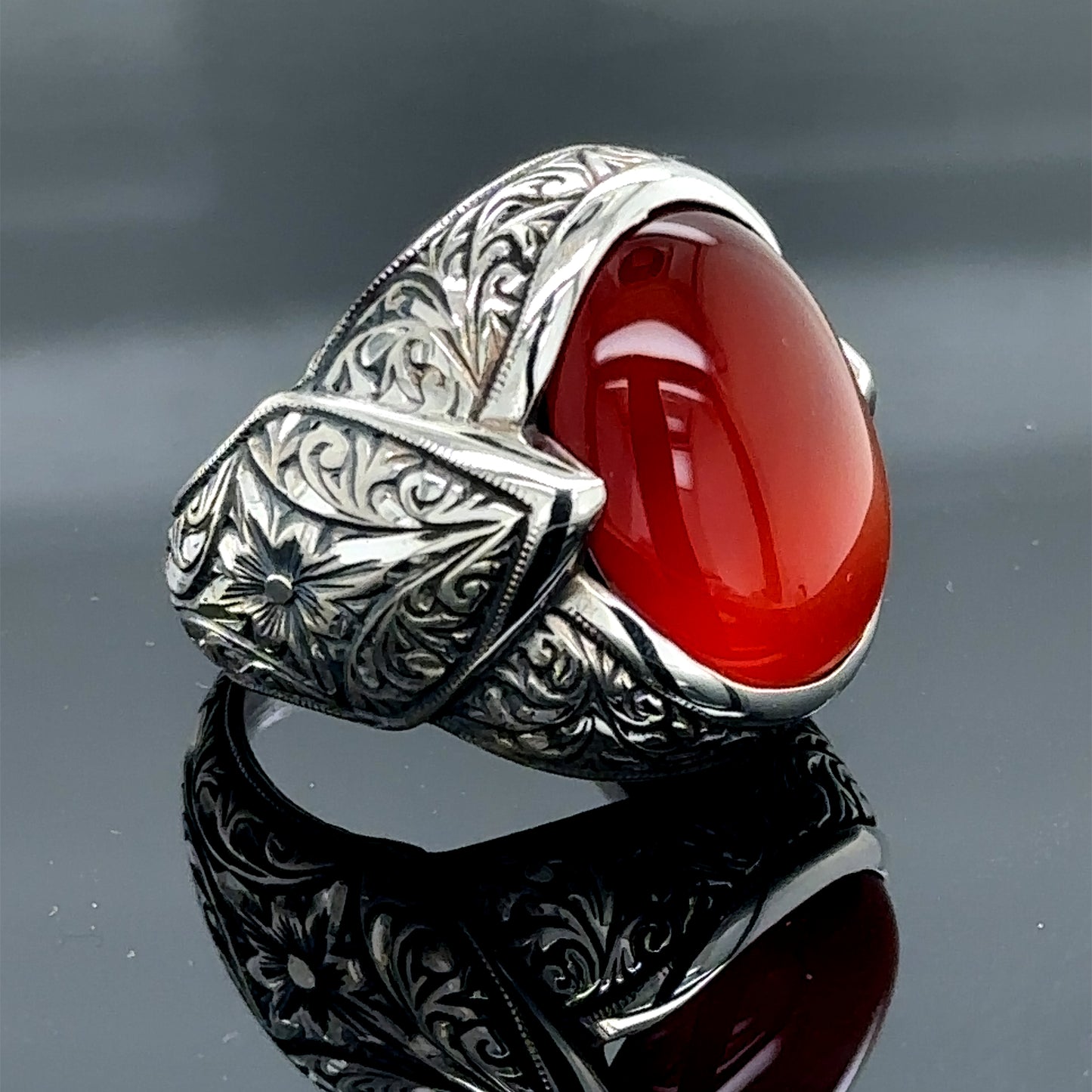 Men Silver Natural Red Agate Aqeeq Gemstone Ring