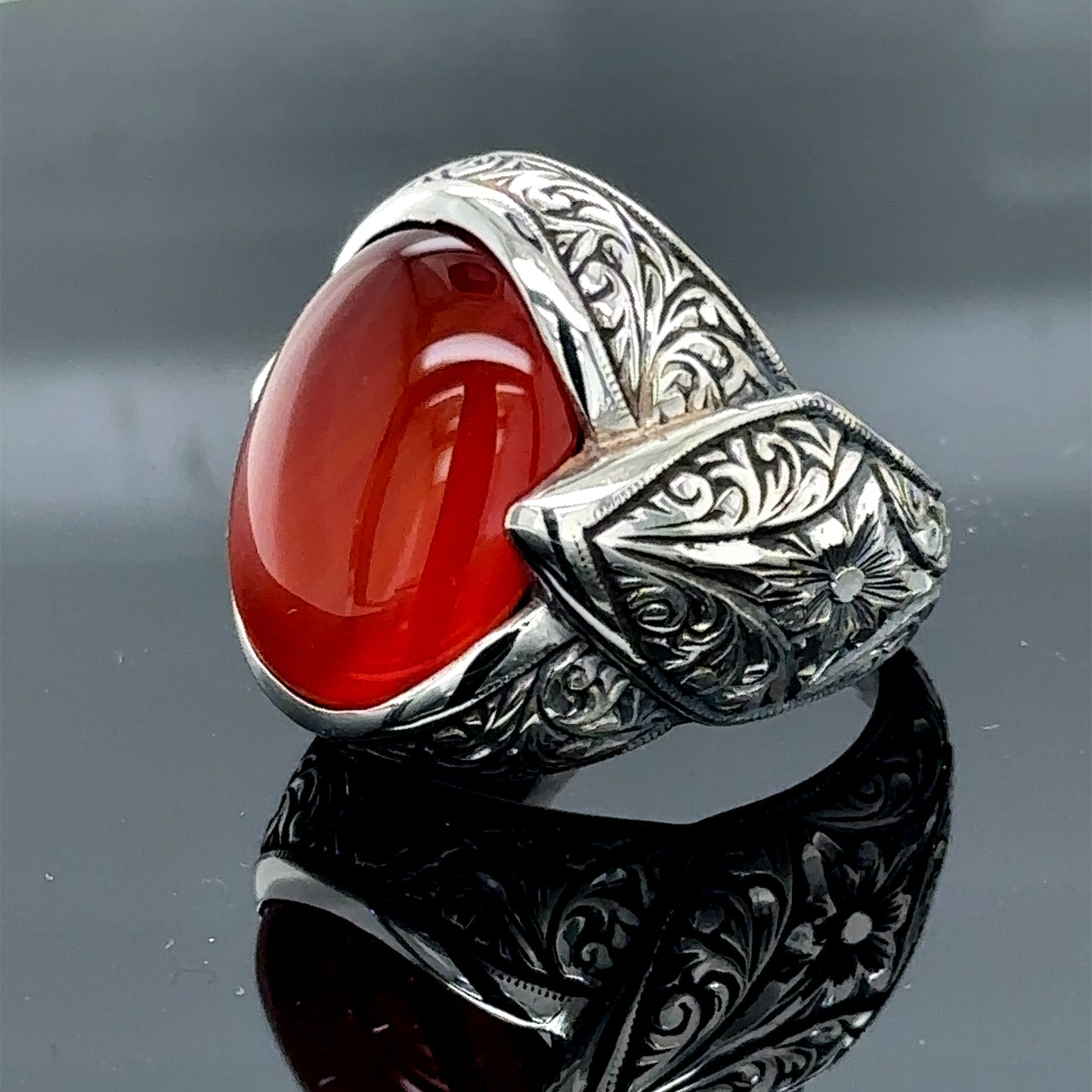 Men Silver Natural Red Agate Aqeeq Gemstone Ring