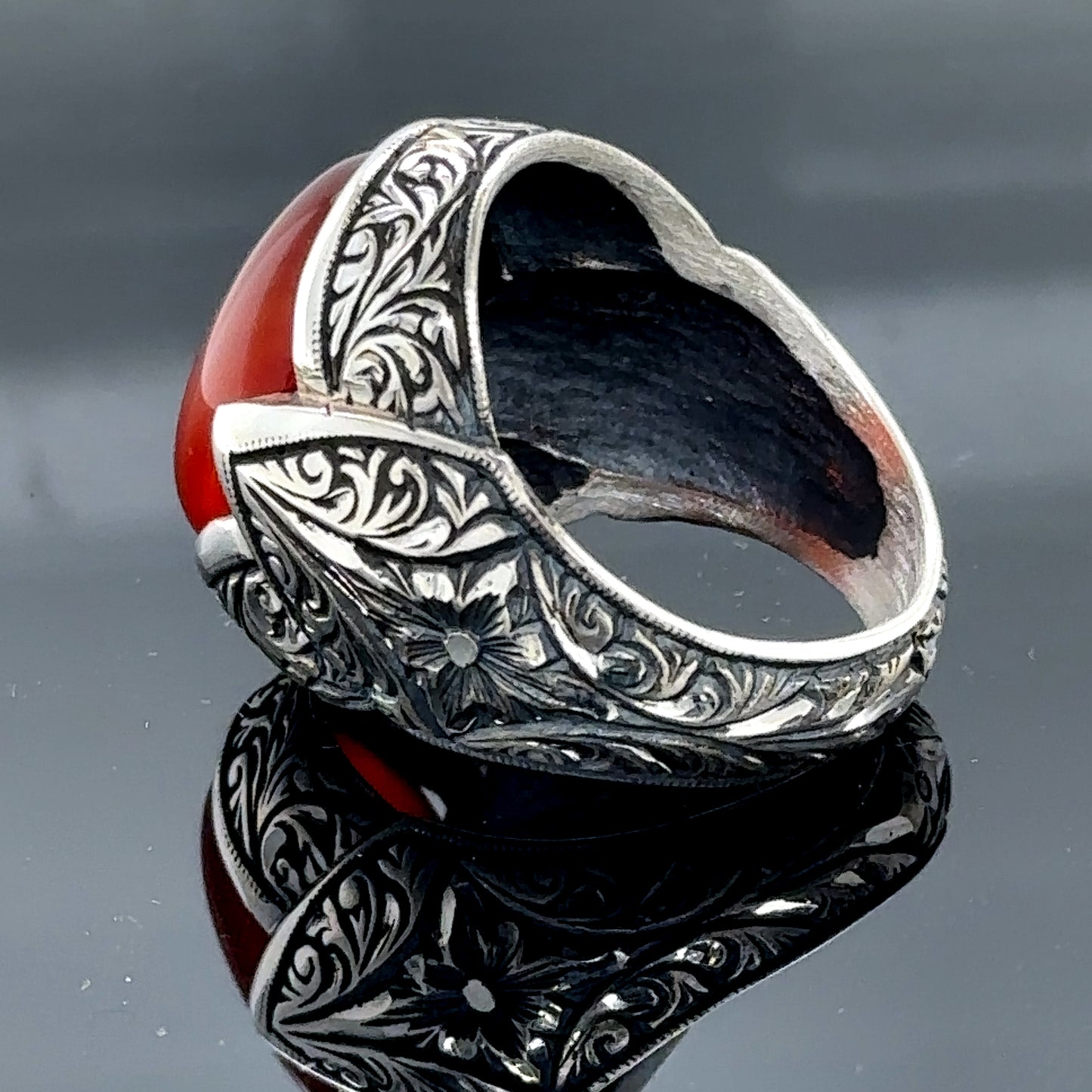 Men Silver Natural Red Agate Aqeeq Gemstone Ring