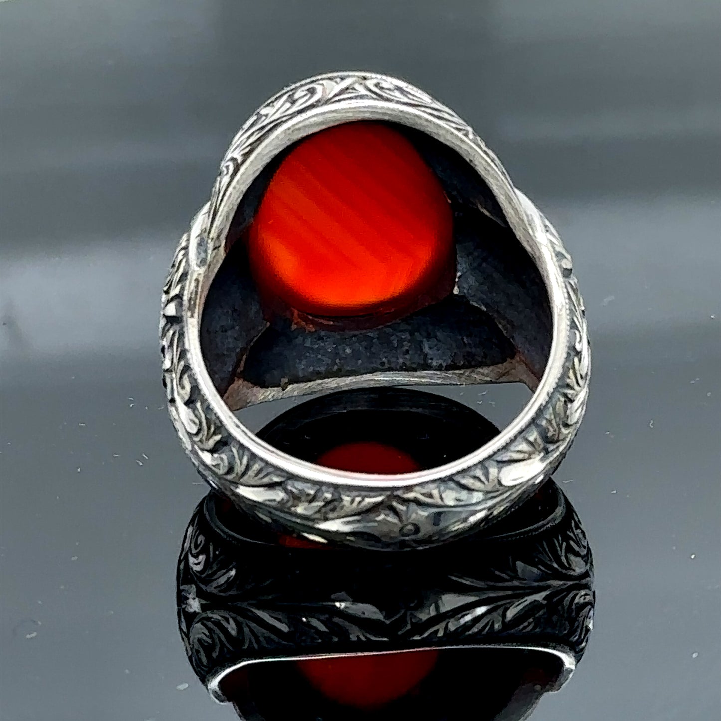 Men Silver Natural Red Agate Aqeeq Gemstone Ring