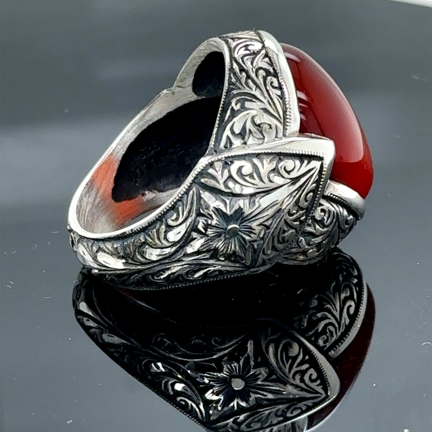 Men Silver Natural Red Agate Aqeeq Gemstone Ring