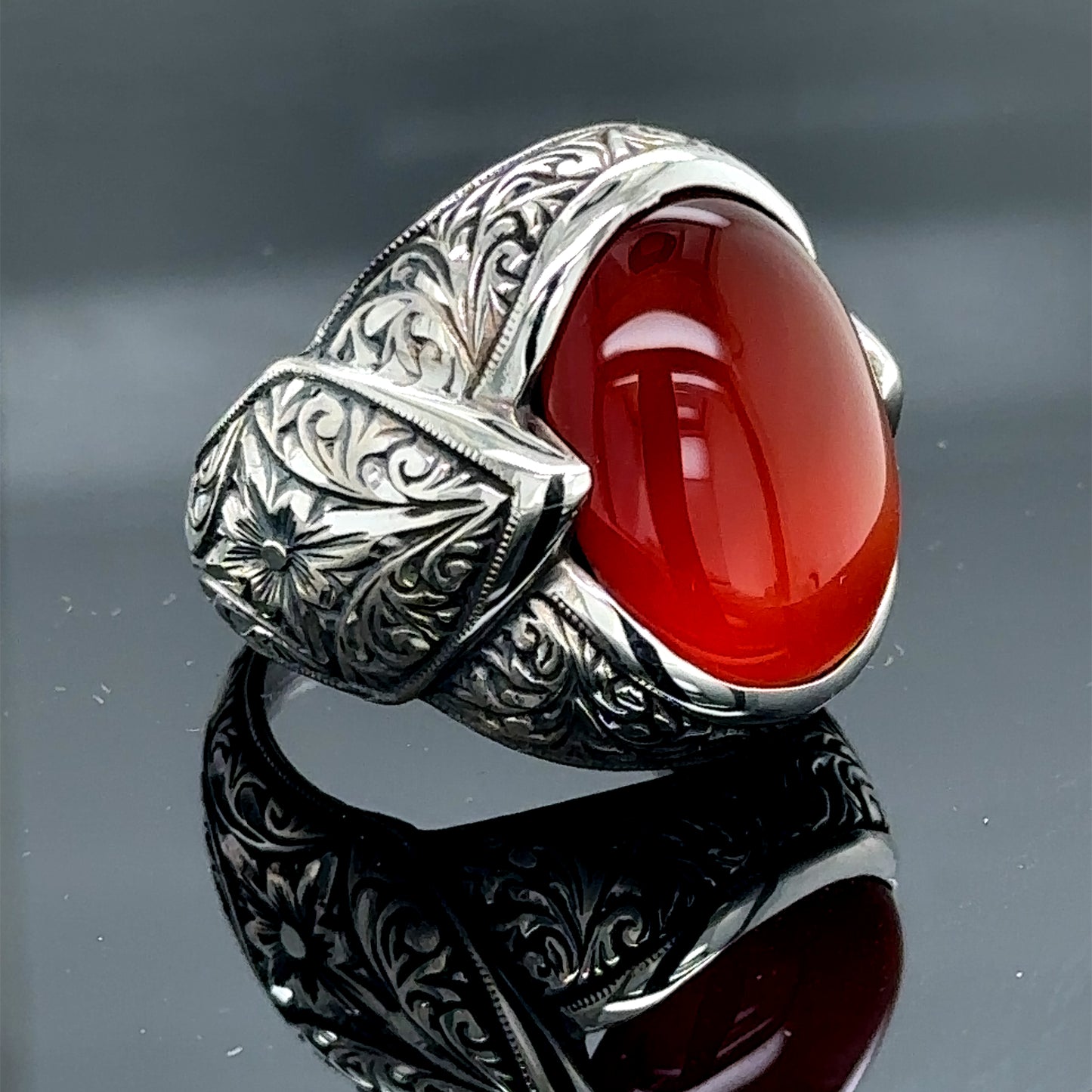 Men Silver Natural Red Agate Aqeeq Gemstone Ring