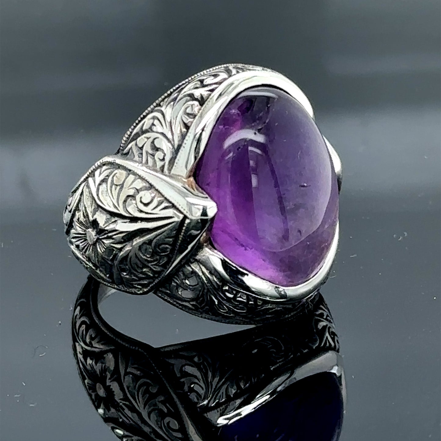 Men Silver Natural Amethyst Gemstone Engraved Ring