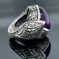 Men Silver Natural Amethyst Gemstone Engraved Ring