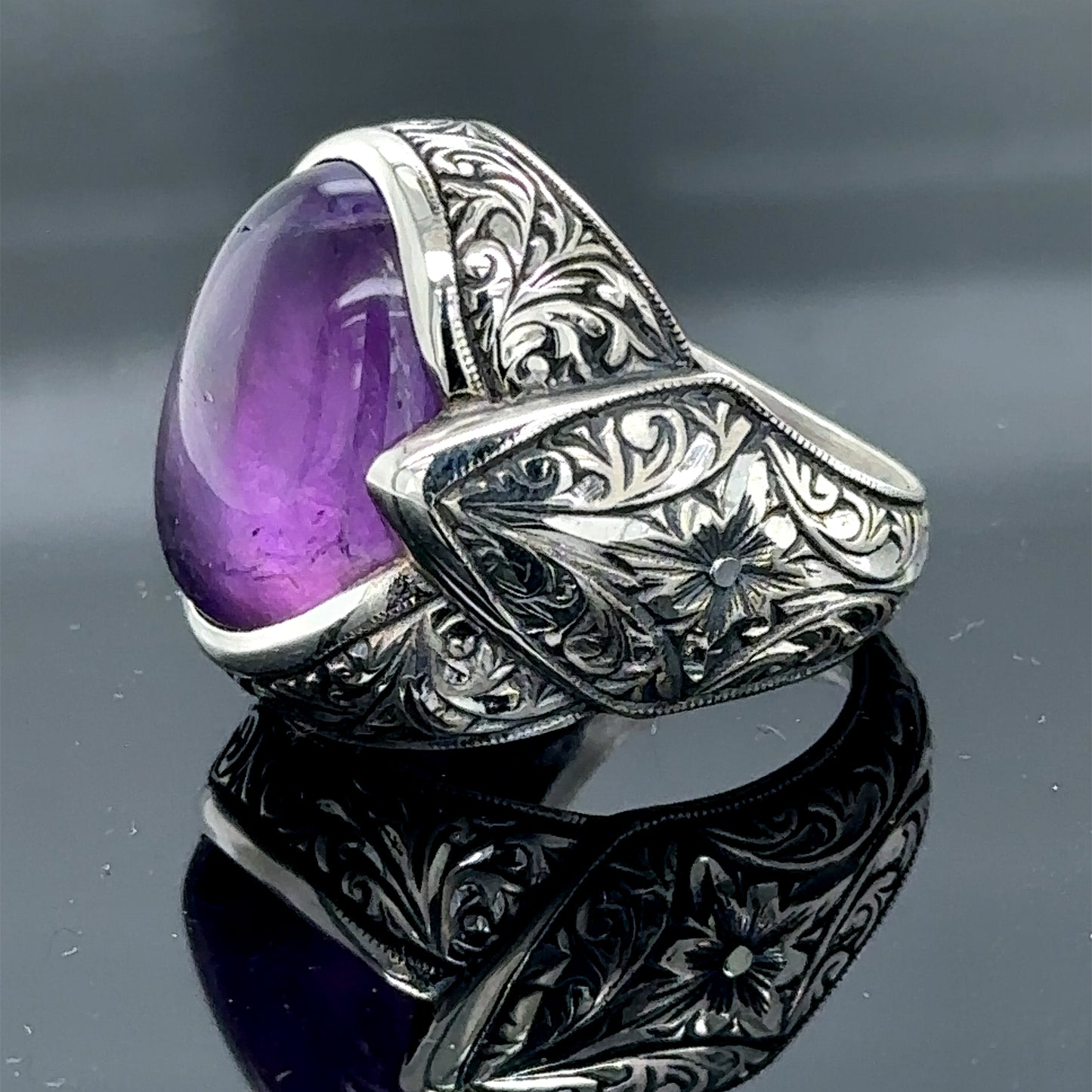 Men Silver Natural Amethyst Gemstone Engraved Ring