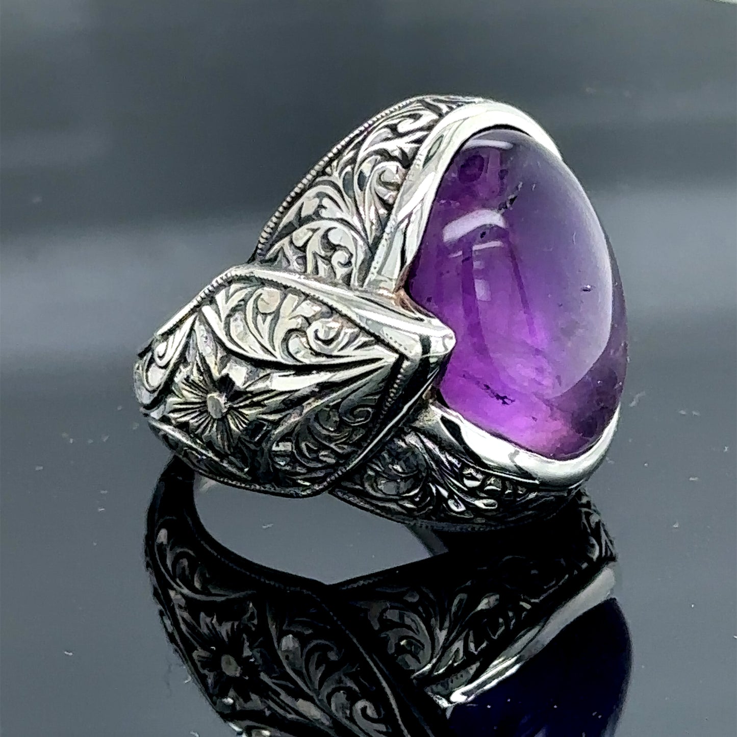 Men Silver Natural Amethyst Gemstone Engraved Ring