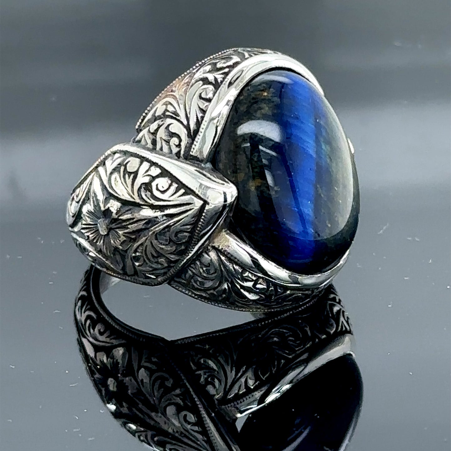 Men Silver Handmade Blue Tiger Eye Gemstone Ring