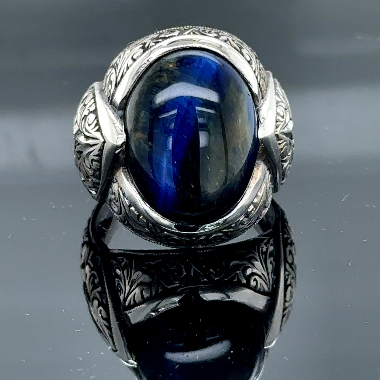 Men Silver Handmade Blue Tiger Eye Gemstone Ring