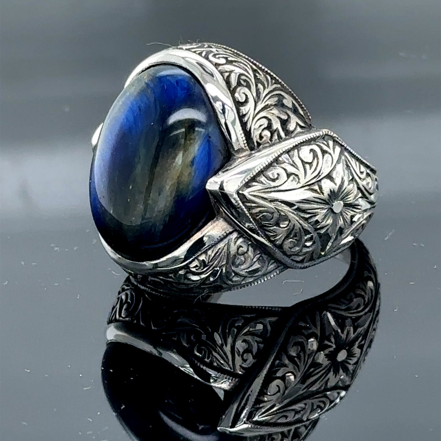 Men Silver Handmade Blue Tiger Eye Gemstone Ring