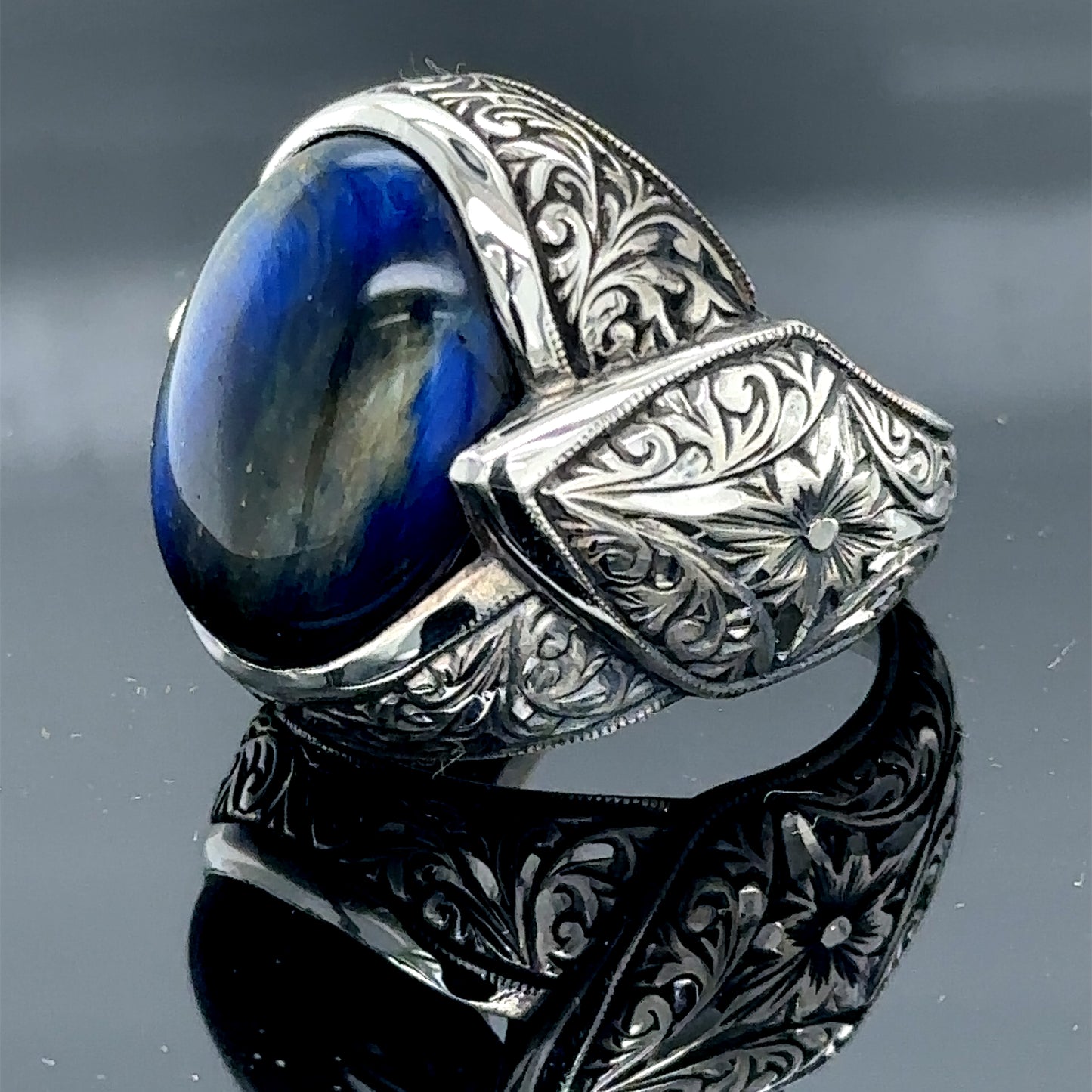 Men Silver Handmade Blue Tiger Eye Gemstone Ring