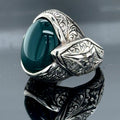 Men Silver Engraved Green Agate Ring