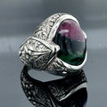 Men Silver Natural Tourmaline Gemstone Engraved Ring