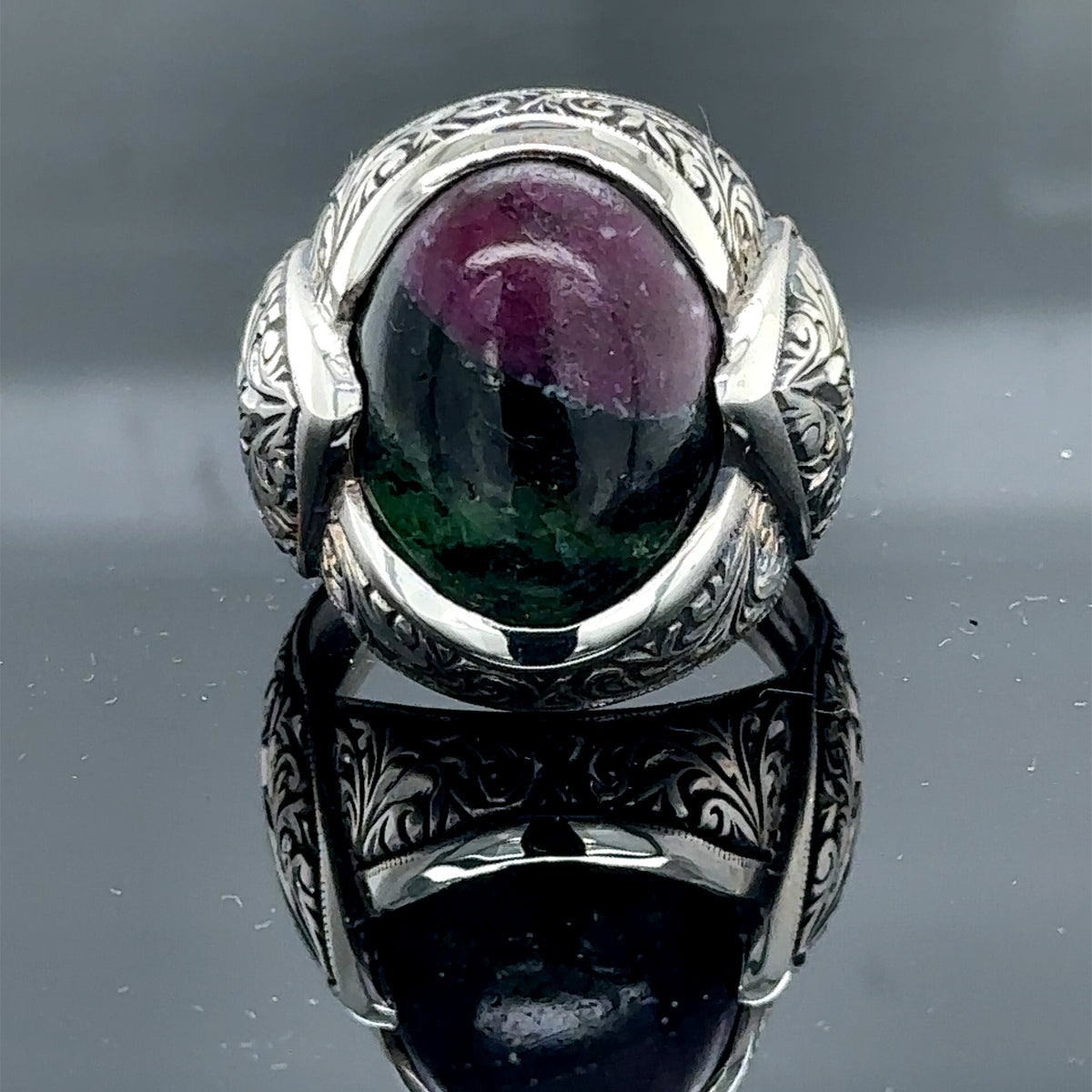 Men Silver Natural Tourmaline Gemstone Engraved Ring