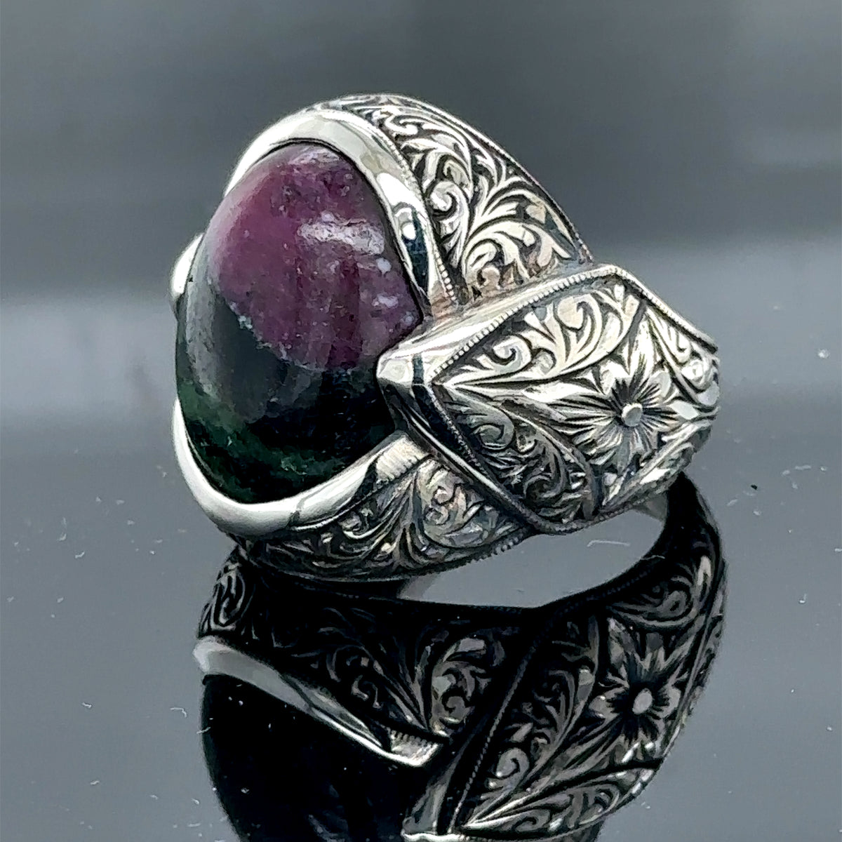 Men Silver Natural Tourmaline Gemstone Engraved Ring