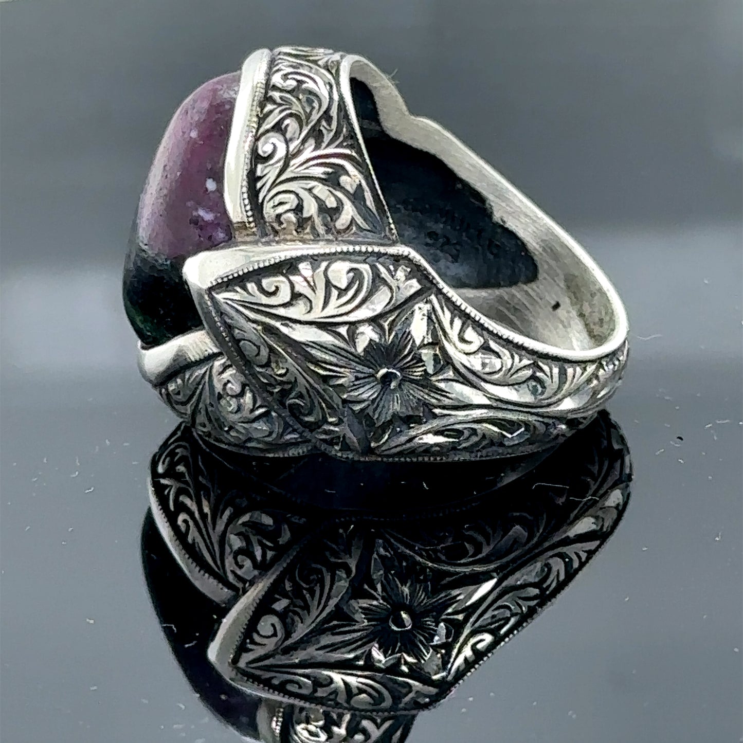 Men Silver Natural Tourmaline Gemstone Engraved Ring