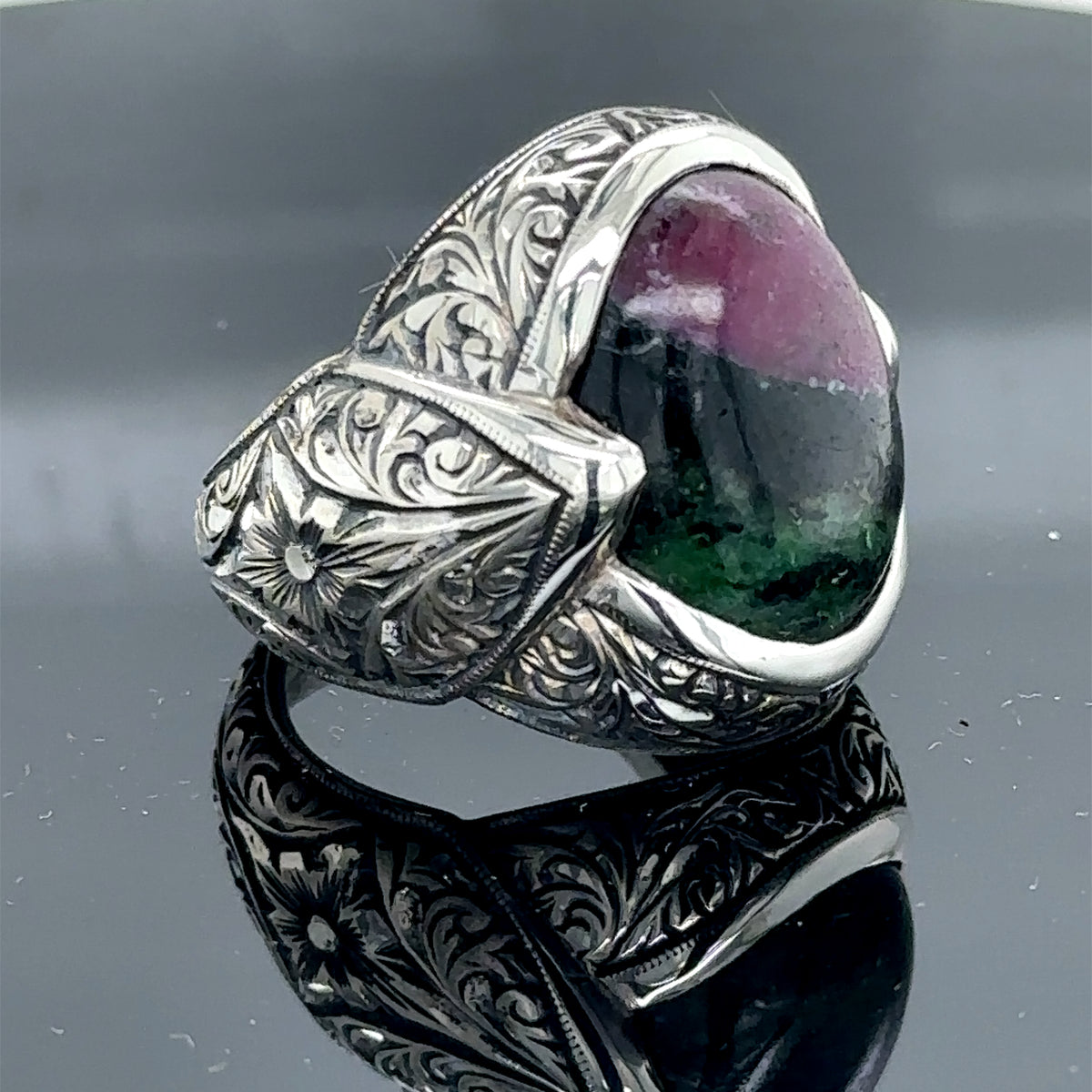 Men Silver Natural Tourmaline Gemstone Engraved Ring