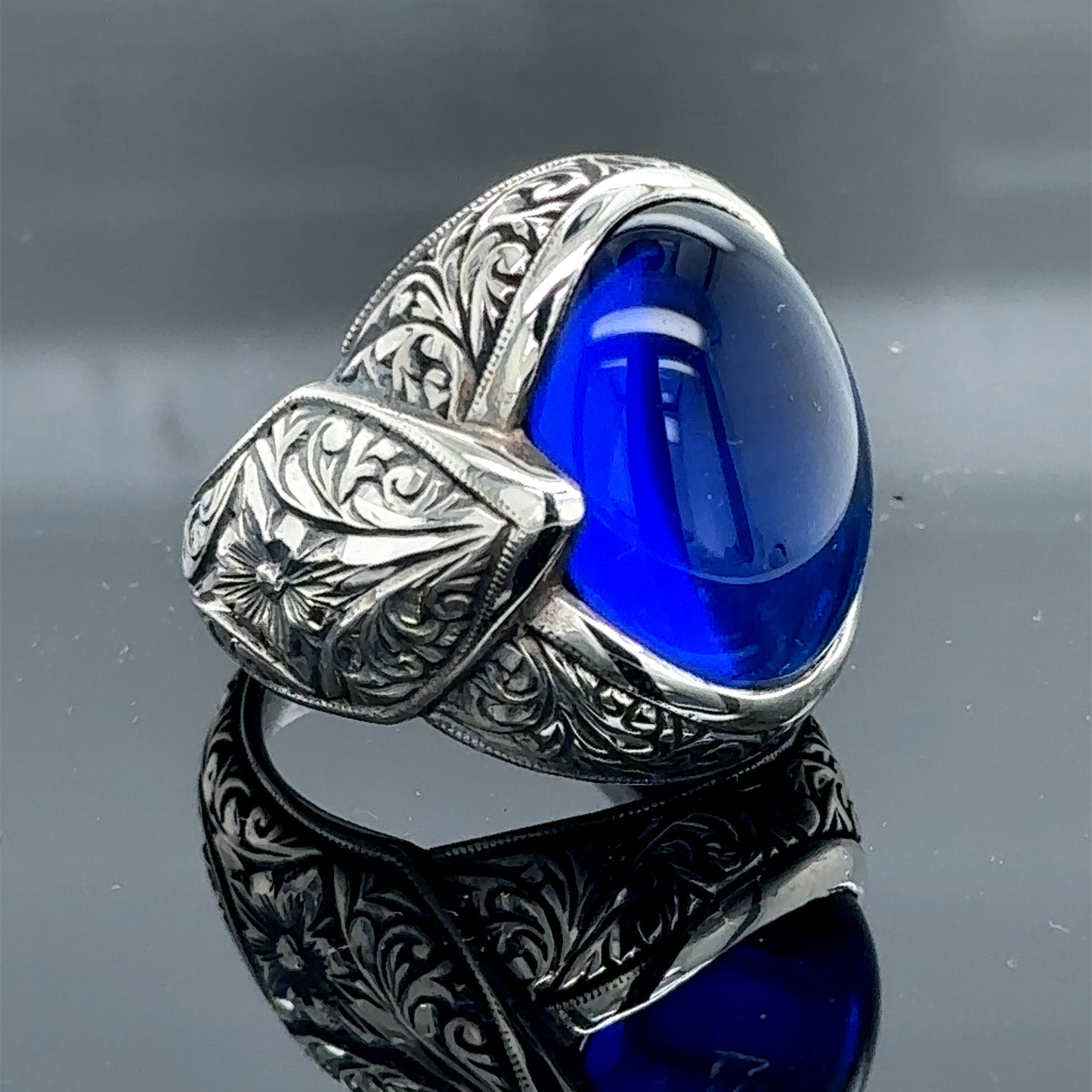 Men Silver Engraved Sapphire Gemstone Ottoman Style Ring