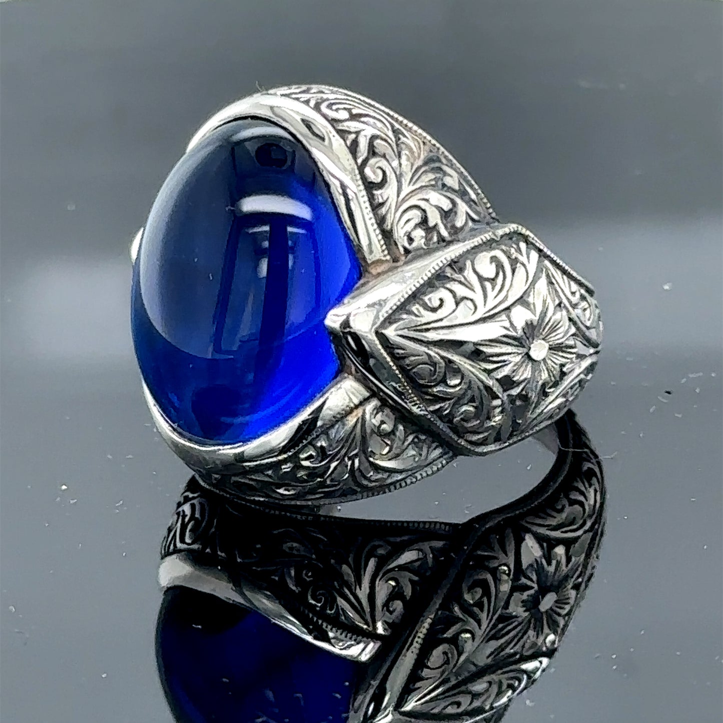 Men Silver Engraved Sapphire Gemstone Ottoman Style Ring