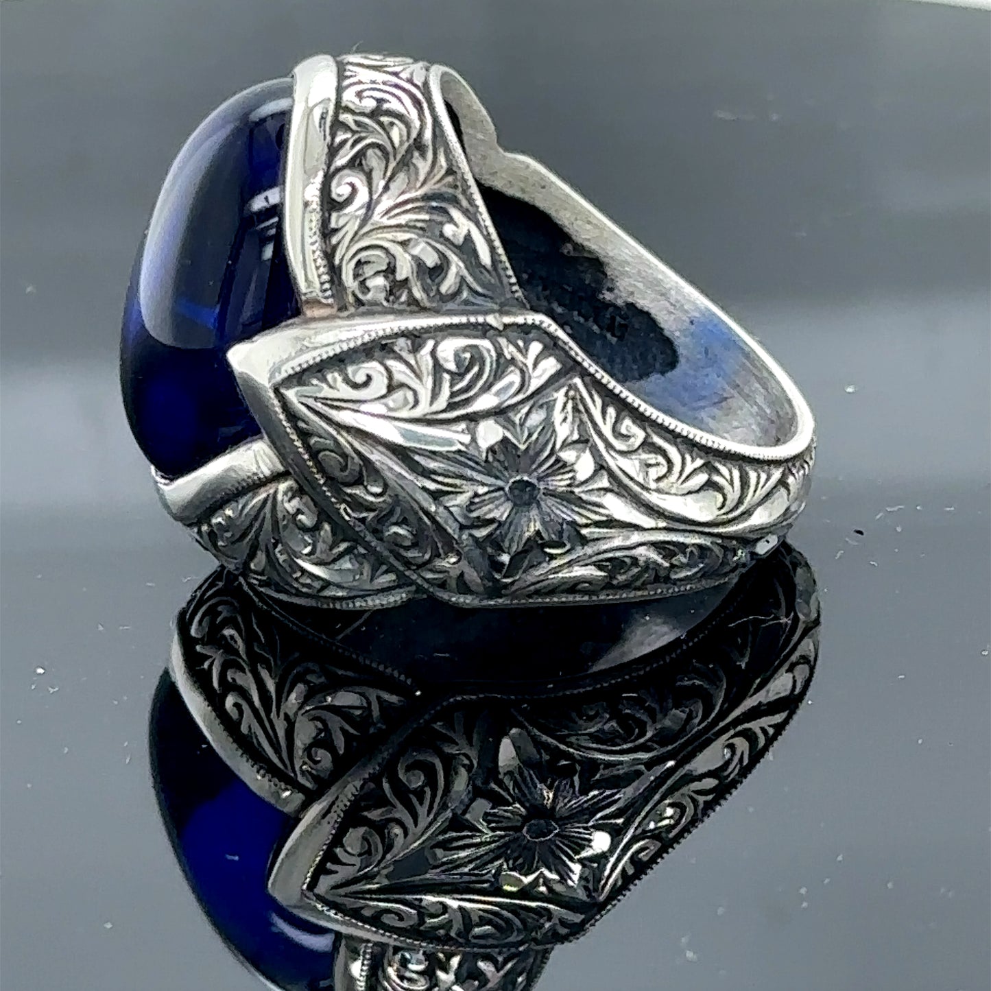 Men Silver Engraved Sapphire Gemstone Ottoman Style Ring