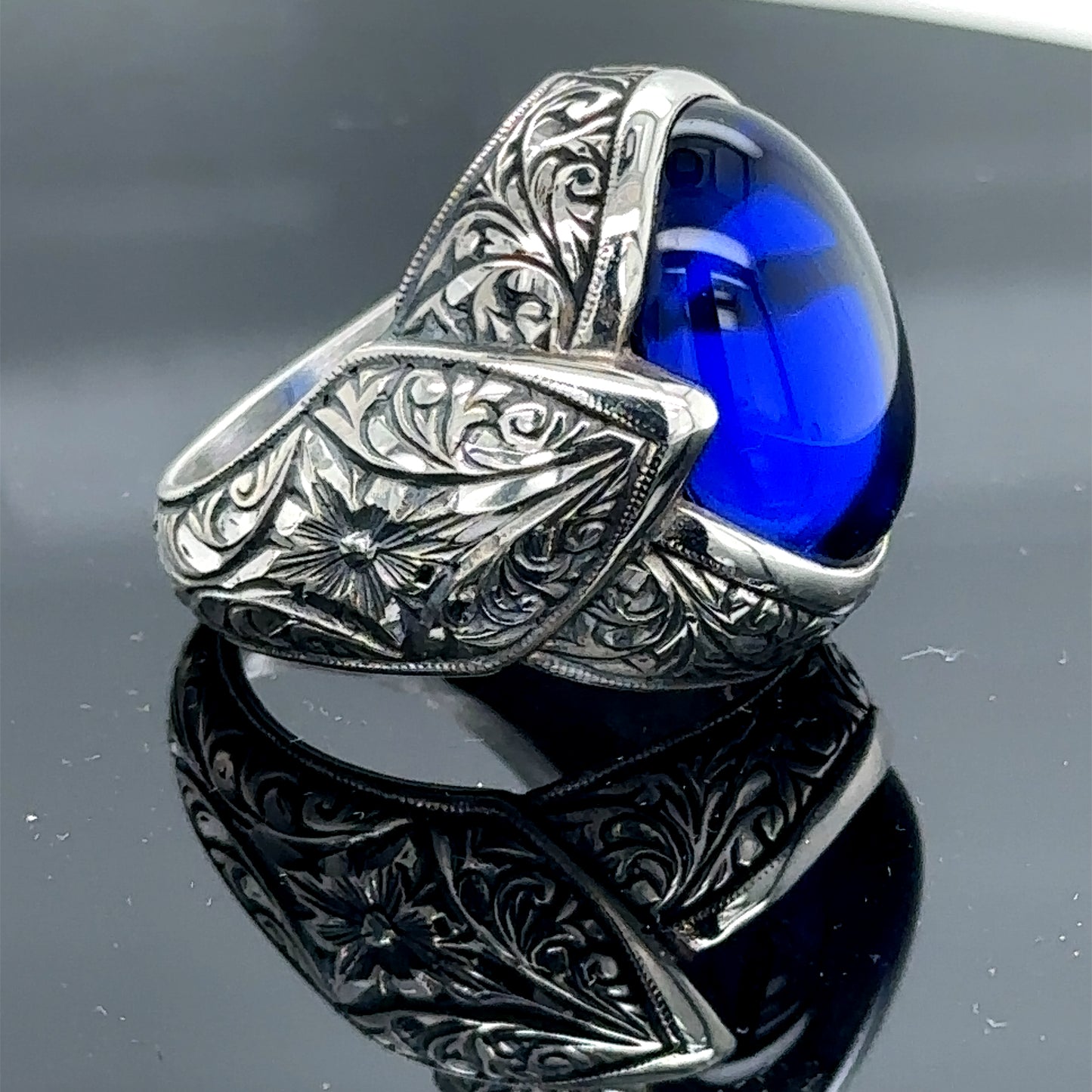 Men Silver Engraved Sapphire Gemstone Ottoman Style Ring