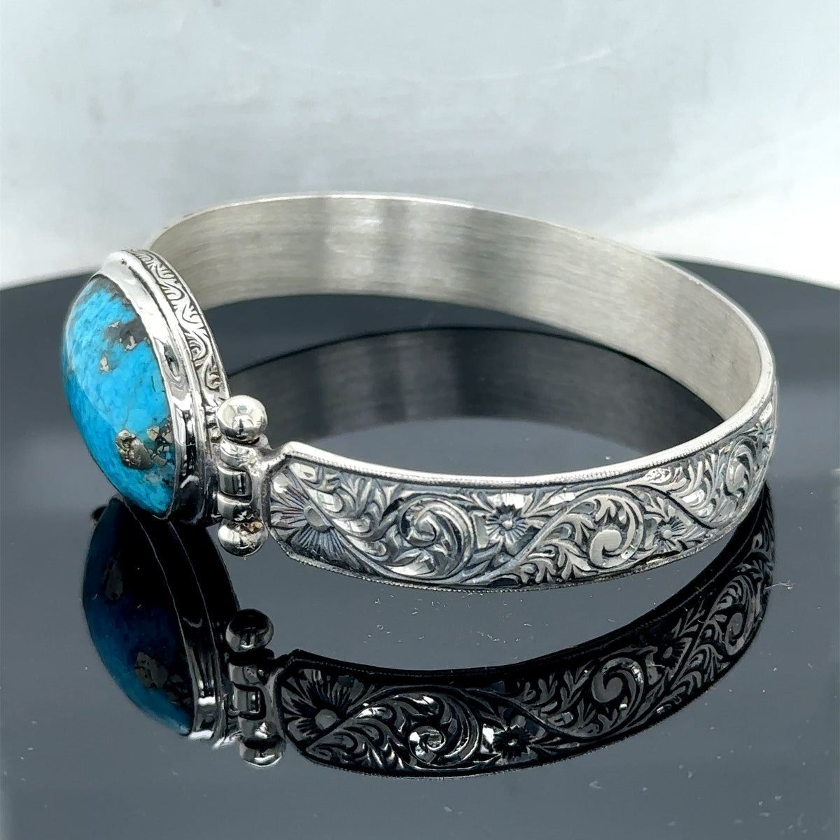 Silver Handmade Engraved Natural Turquoise Cuff Bracelet