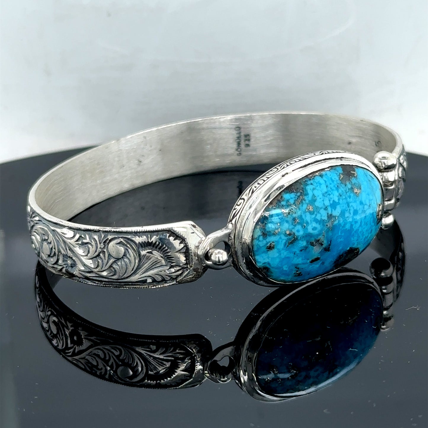 Silver Handmade Engraved Natural Turquoise Cuff Bracelet