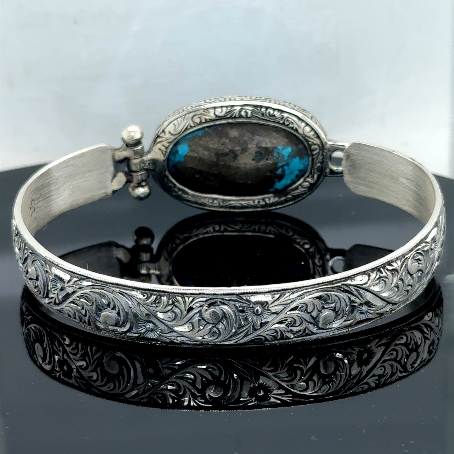 Silver Handmade Engraved Natural Turquoise Cuff Bracelet