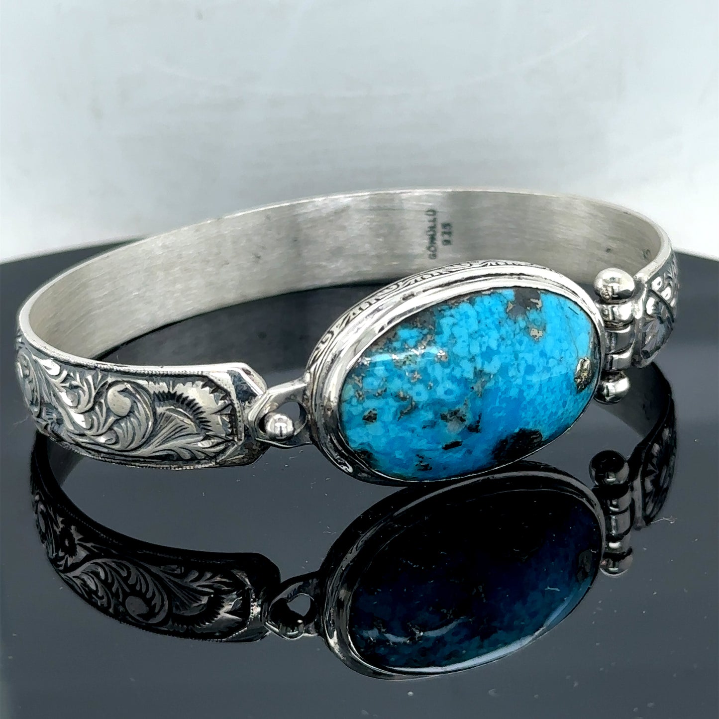 Silver Handmade Engraved Natural Turquoise Cuff Bracelet