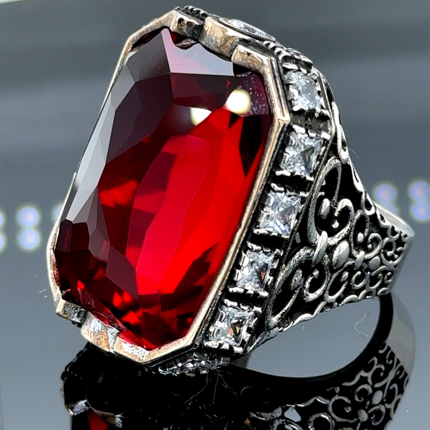 Men Silver Large Handmade Ruby Gemstone Ring