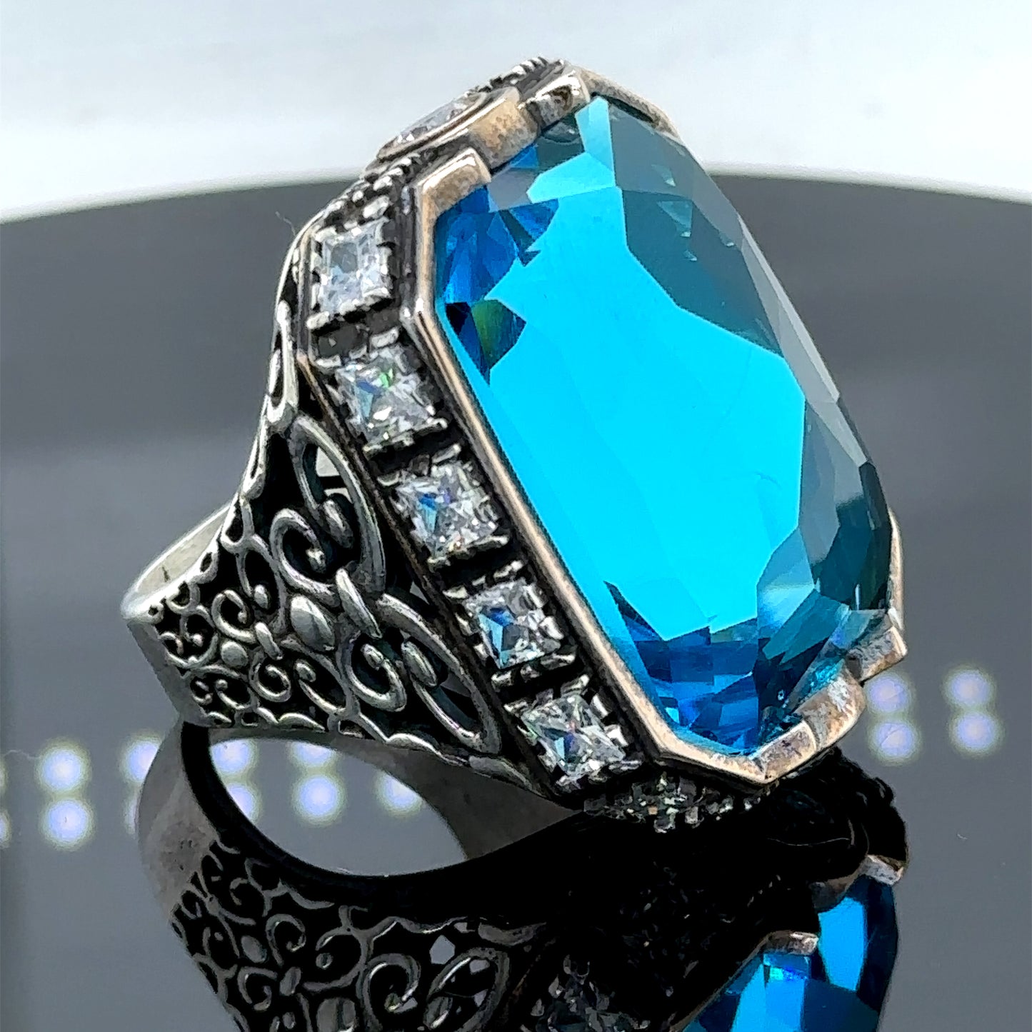 Men Silver Large Blue Topaz Gemstone Handmade Ring